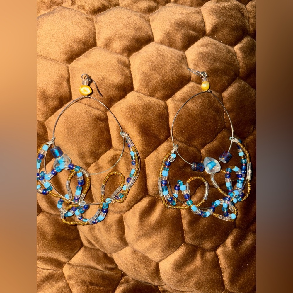 Elegant Blue and Gold Beaded Hoop Earrings